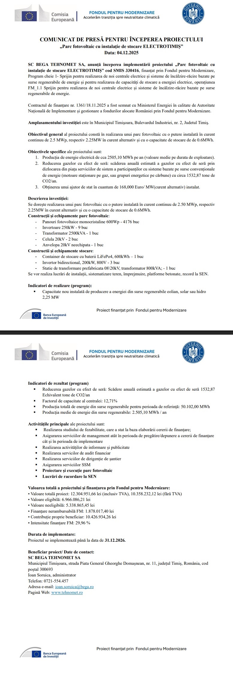 Comunicat de presă pentru începerea proiectului „Parc fotovoltaic cu instalație de stocare ELECTROTIMIȘ”
