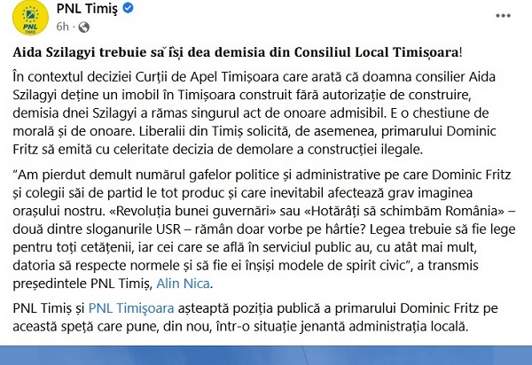 Șefii PNL Timiș au “uitat” că și administrația liberală a fost complice cu userista Aida Szilagyi