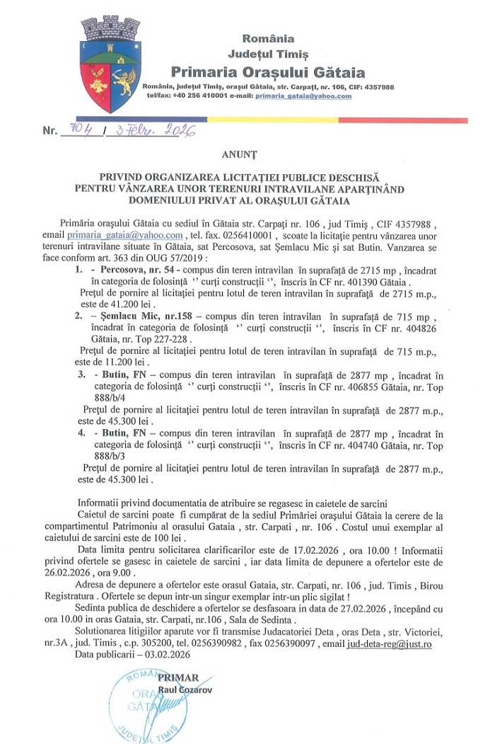 Anunţ public de licitaţie pentru vânzarea unor terenuri intravilane - Oraşul Gătaia