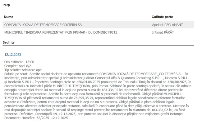 Administrația USR mai pierde un proces cu Colterm, tot din banii timișorenilor
