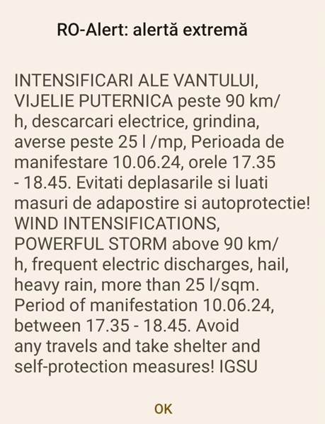 Mesaj RO-Alert: Vânt în rafale de 90 km/h, în zona Timișoarei!