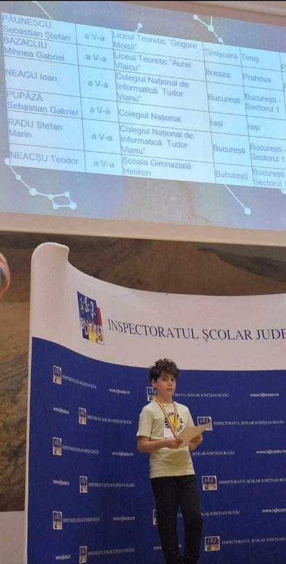 Sebastian Ștefan Păunescu - clasa a V-a, premiul I, medalie de aur (Liceul Teoretic "Grigore Moisil")