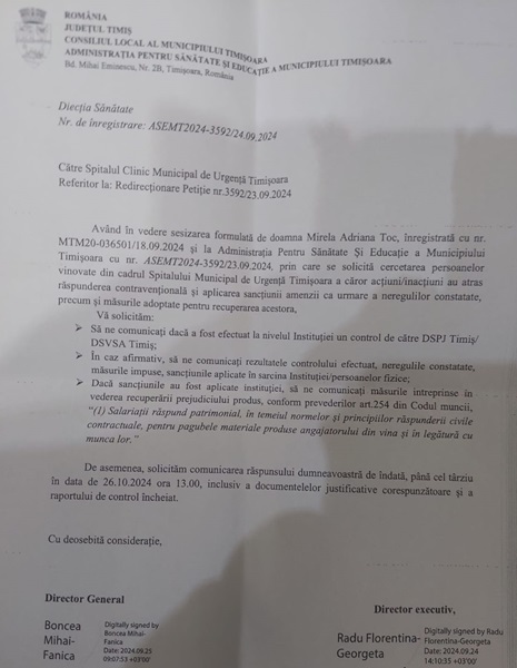 O șefă din Primăria Timișoara a aflat din presă de amenda încasată de unul dintre spitalele de care se ocupă chiar ea