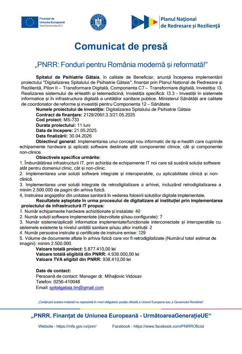 Comunicat de presă - Spitalul de Psihiatrie Gătaia