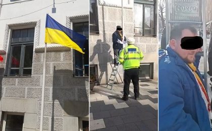 Steag al Ucrainei, dat jos din faţa Primăriei Timişoara. Poliţia locală a intervenit