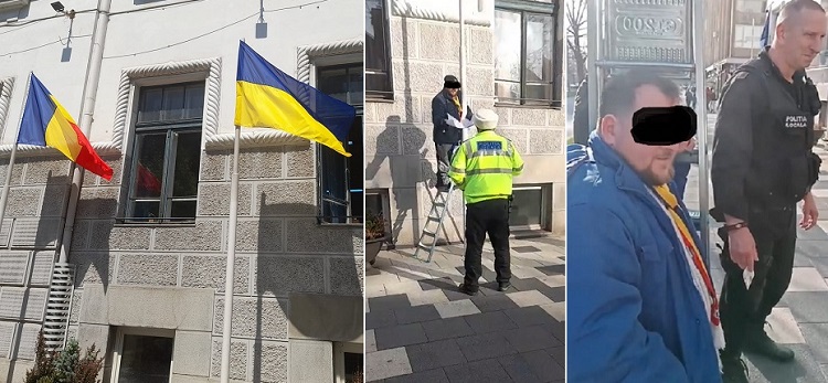 Steag al Ucrainei, dat jos din faţa Primăriei Timişoara. Poliţia locală a intervenit