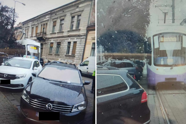 Tramvai blocat de o șoferiță care a parcat mașina neregulamentar, la Timișoara