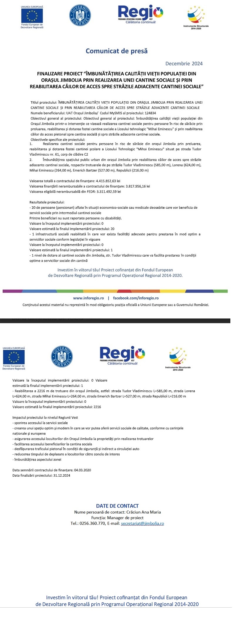 Comunicat de presă - UAT Orașul Jimbolia / Codul MySMIS al proiectului: 124834