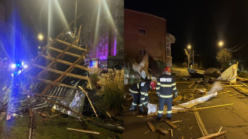 Vântul face ravagii în vestul țării: acoperișuri de bloc smulse și mașini avariate 1 Vântul face ravagii în vestul țării: acoperișuri de bloc smulse și mașini avariate